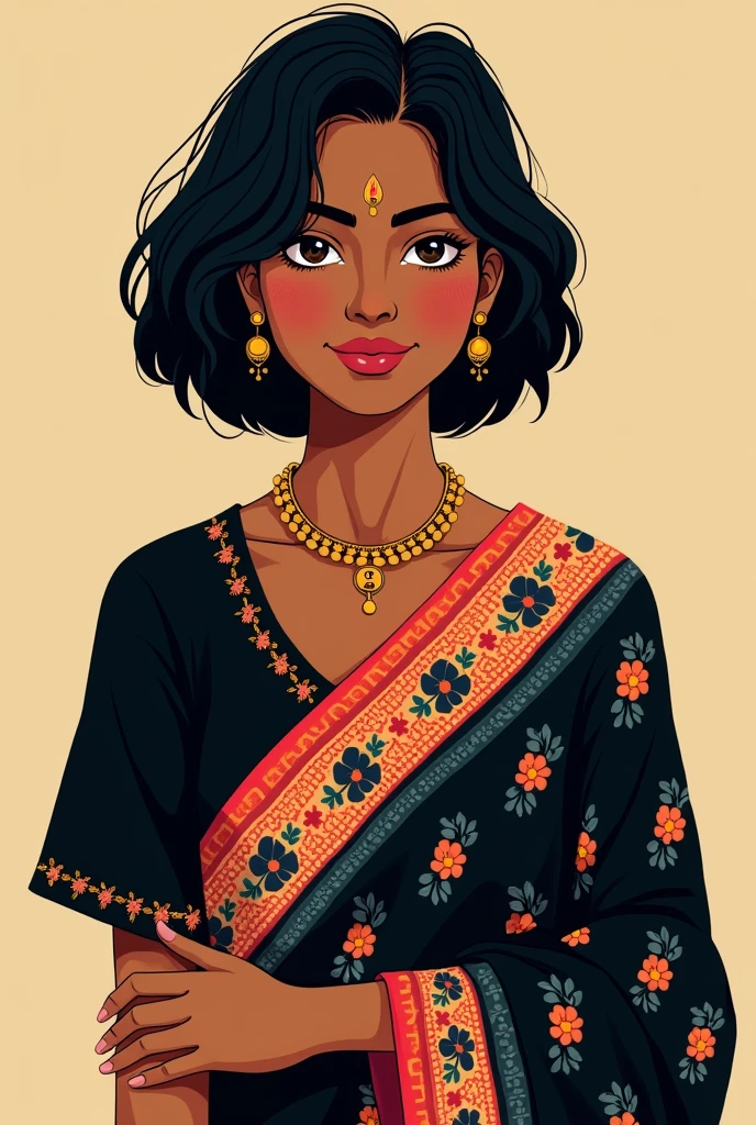 Short hair Indian girl bold, black clothes with embroidery and brown skin, do it graphic type block art