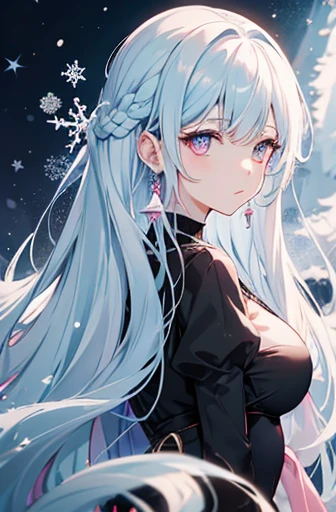 Anime, woman, long hair, pale blue hair, pink eyes, gently, earrings, big boob, wearing a black dress, beautiful, elegant, pure, fantasy, ice, snowflake, snow land, cool, noble,