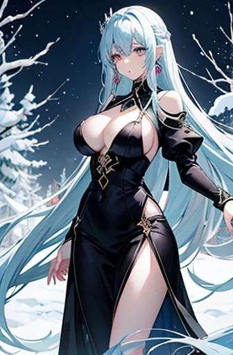 Anime, woman, long hair, pale blue hair, pink eyes, gently, earrings, big boob, wearing a black dress, beautiful, elegant, pure, fantasy, ice, snowflake, snow land, cool, noble,