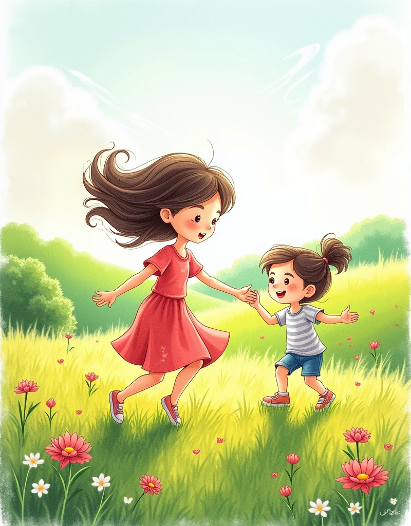 A pencil drawing colourful of a mother and daughter playing in the fields with fast air blowing their hair. Cartoonic image and create it a first page of the book add toand from options in image