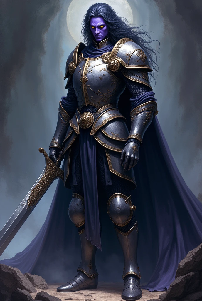Purpose is a resurrected knight who was powerful and kind, his purplish blue skin and his yellow eyes give a nice contrast to his dark hair, he also has an intricate long sword