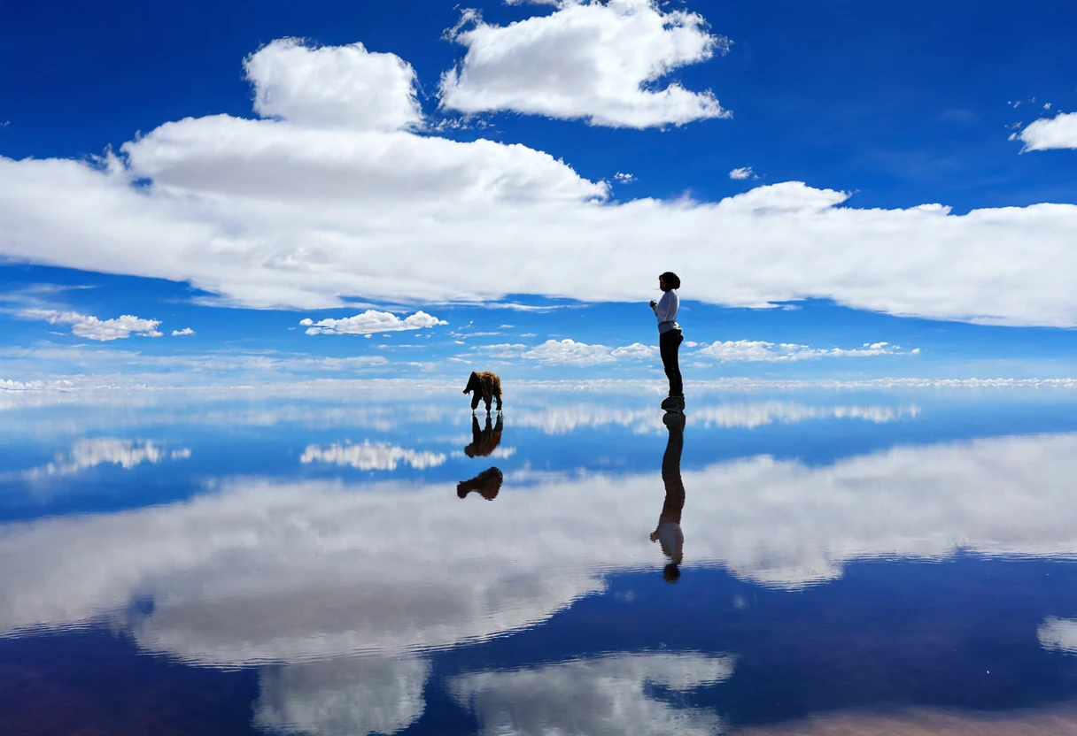A Japanese woman in a large body of water with clouds in the deep blue sky, (The woman's figure is clearly reflected in the water), At Salar de Uyuni, Amazing reflections of the sky, (Reflected clearly as a mirror), perfect reflection, (deep blue sky), clear sky, (many cumulus), (many white cloud), Incredible reflections, beautiful reflection, stunning photo, epic and stunning, Crossing the Blue Horizon, looking at viewer, long pants, boyish, saddle brown short hair, jumping, t-shuts, standard body, (Faraway view:2), masterpiece, high details, high quality, best quality, 8k