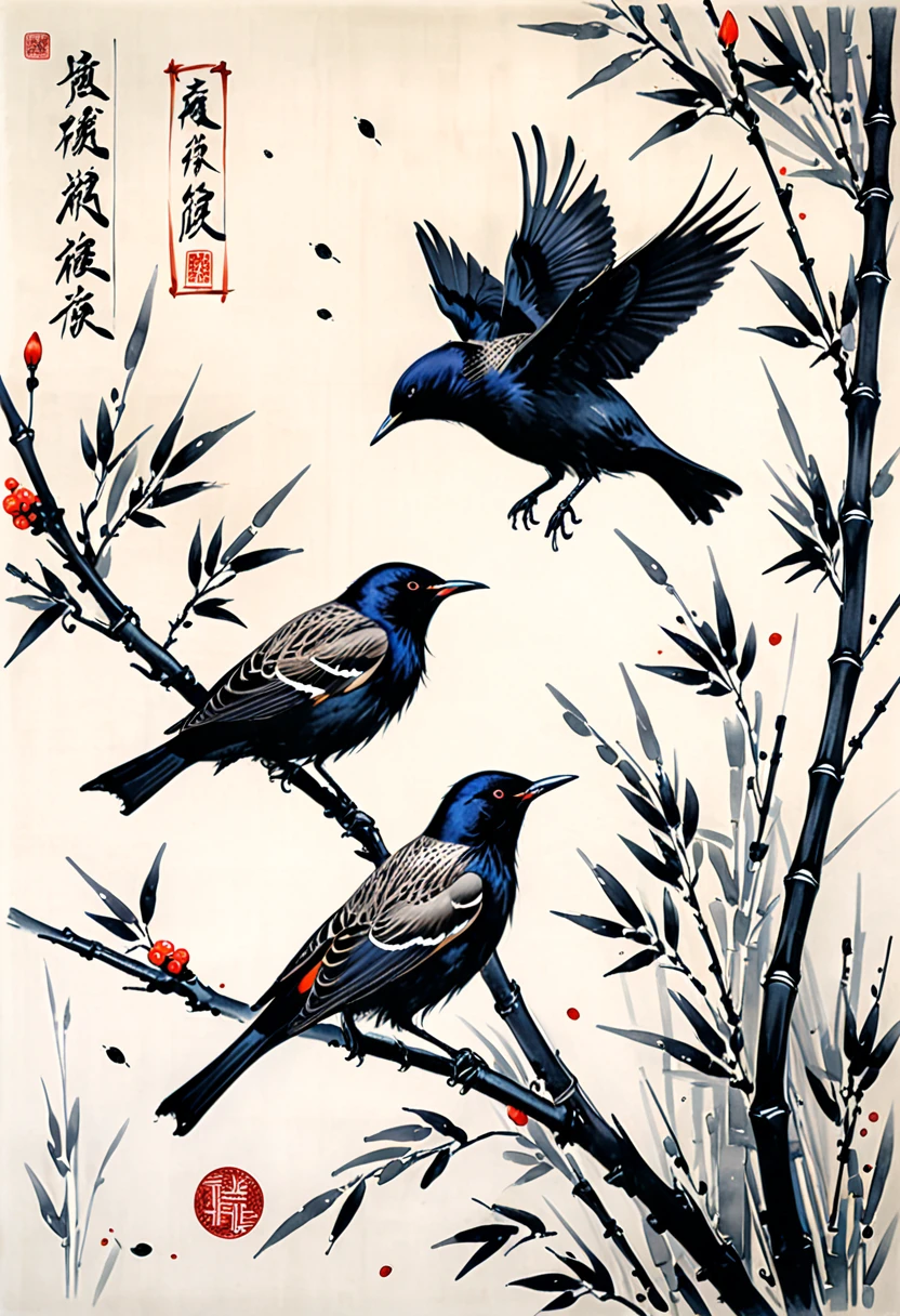 shukezouma, shuimobysim, ((starling)), willow branches, (masterpiece, best quality: 1.2), ((Traditional Chinese ink painting)), model style, bamboo branches, bamboo, wuchangshuo, red, orange, black, fire, starling, bird