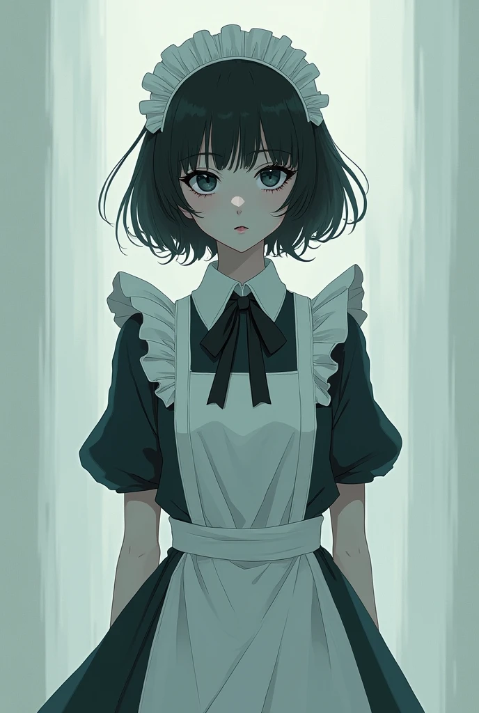 Maid with white skin like paper, short hair, lifeless face anime