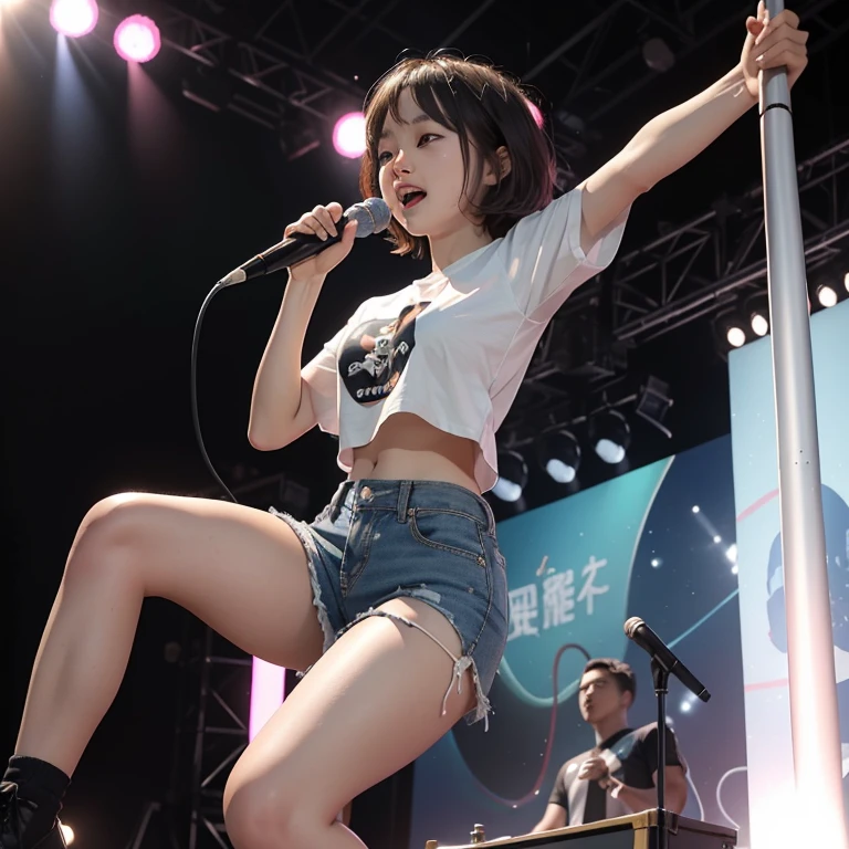 ((Highest quality)), ((masterpiece)), (detailed), A young and cute Japanese girl, Height: 145 cm,Extremely boyish,The best short hair,White T-shirt,Wearing shorts,Using a microphone stand on stage,Raise your arms,Show off your armpits to the fullest,Sing with your legs as wide as possible