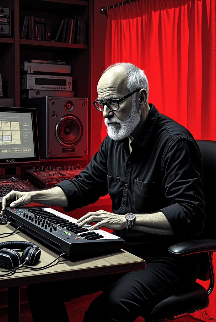 There is a 50-year-old music producer,With a short white beard, Short white hair, (slightly overweight), wear glasses, Sitting at the table,With keyboard and headphones, keyboardist, In his basement studio, Use a synthesizer, Popular on Art Station, Sitting at the table,In front of the keyboard, Play Techno House Music, Art Station Hot Sale, mix, Music playing, listen to music, Milton Caniff (Milton Caniff) Beautiful illustrations, Duotone, Two colors, Black and red, painting, , ink, masterpiece