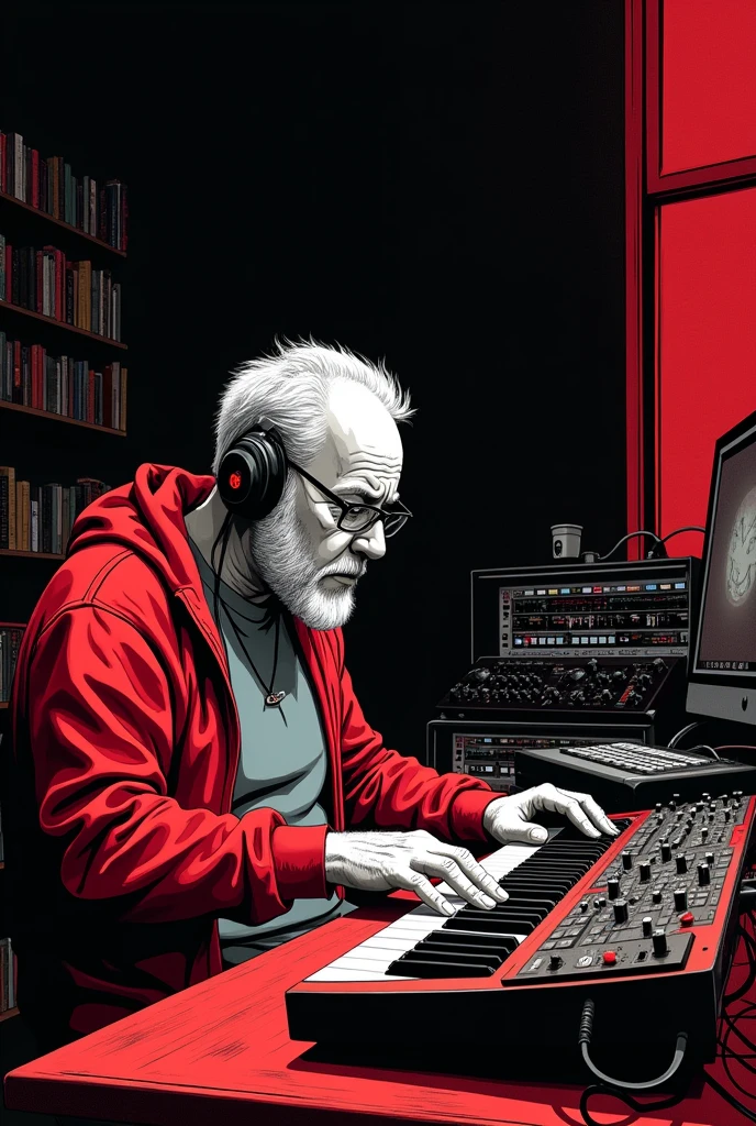 There is a 50-year-old music producer,With a short white beard, Short white hair, (slightly overweight), wear glasses, Sitting at the table,With keyboard and headphones, keyboardist, In his basement studio, Use a synthesizer, Popular on Art Station, Sitting at the table,In front of the keyboard, Play Techno House Music, Art Station Hot Sale, mix, Music playing, listen to music, Milton Caniff (Milton Caniff) Beautiful illustrations, Duotone, Two colors, Black and red, painting, , ink, masterpiece