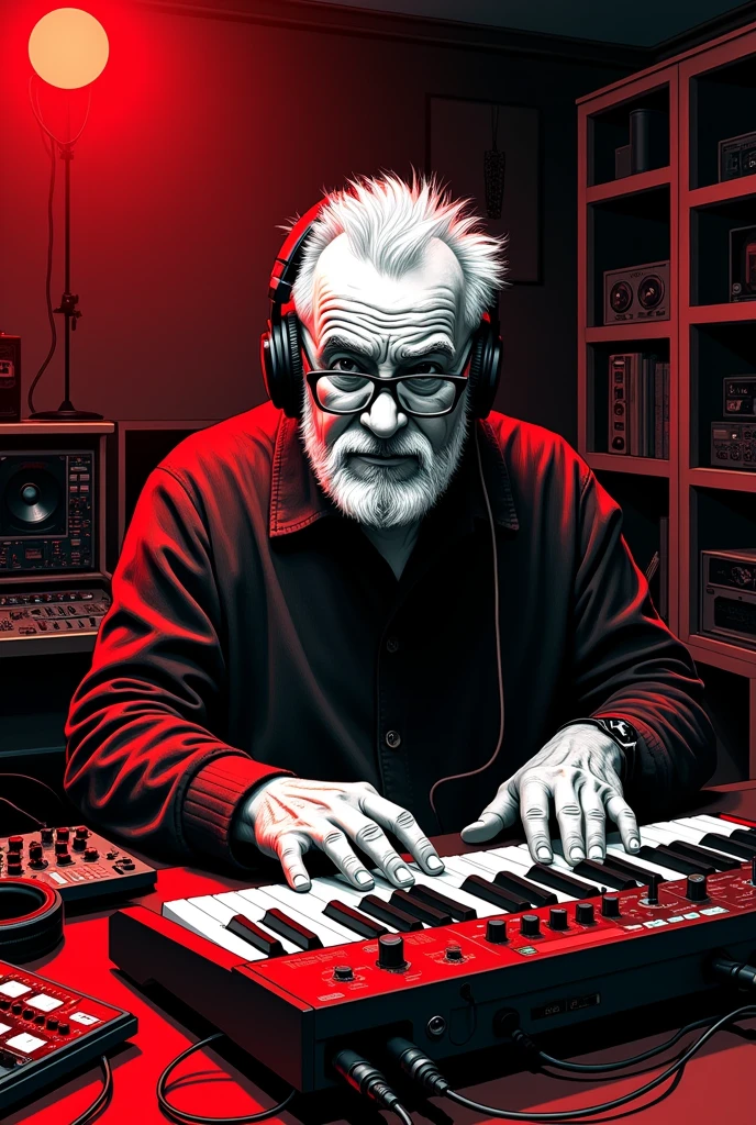 There is a 50-year-old music producer，With a short white beard,  Short white hair, (slightly overweight), wear glasses, Sitting at the table，With keyboard and headphones, keyboardist, In his basement studio, Use a synthesizer, Popular on Art Station, Sitting at the table，In front of the keyboard, Play Techno House Music, Art Station Hot Sale, mix, Music playing, listen to music, Milton Caniff (Milton Caniff) Beautiful illustrations, Duotone, Two colors, Black and red, painting, , ink, masterpiece