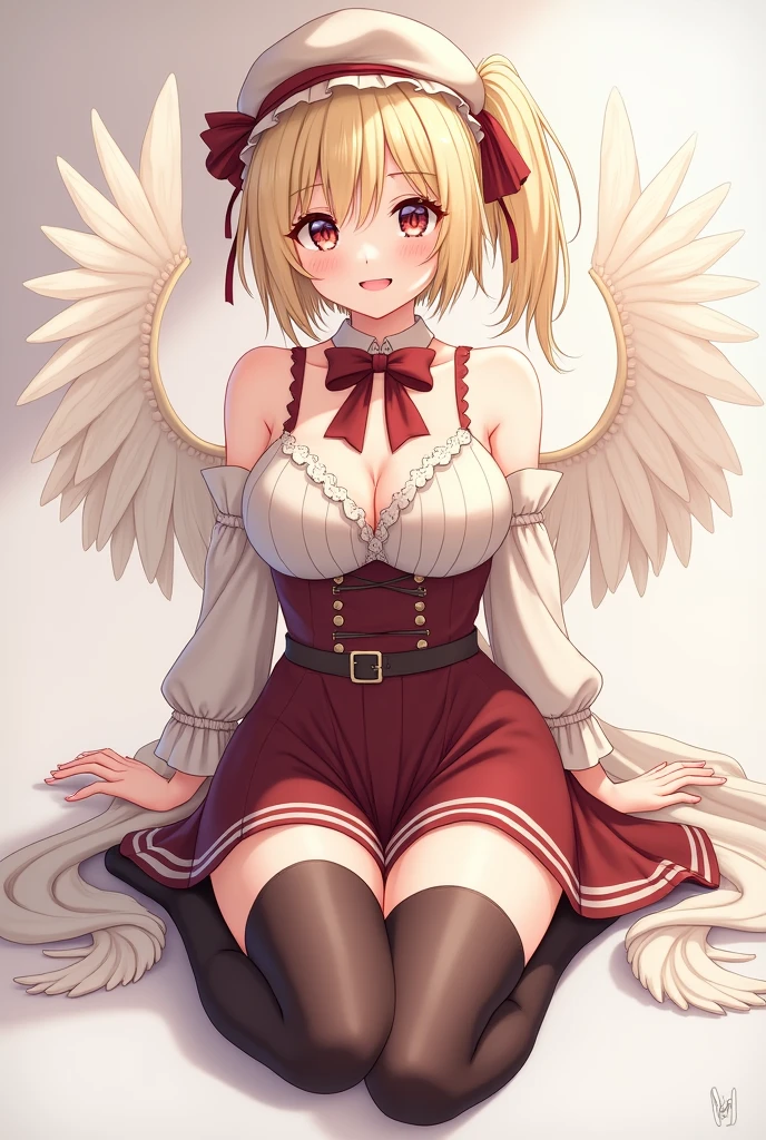 best quality, ultra high res, 1girl, solo, flandre scarlet, white soft hat, red hat bow, blonde hair, side ponytail, red eyes, shiny eyes, fang, red vest, short sleeves, puffy sleeves, yellow ascot, red frilled skirt, (crystal wings:1.2), bobby socks, mary janes, red shoes, laughing, ((evil smile)), looking at viewer, facing front, portrait, huge breasts, cleavage, goth, black lipstick, fishnets, black clothes