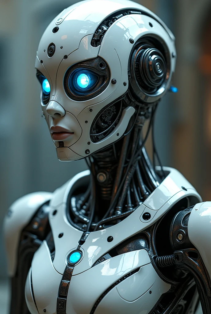a beautiful, highly detailed, hyperrealistic robot character, intricate mechanical design, metallic body, glowing blue eyes, complex gears and pistons, futuristic sci-fi aesthetic, cinematic lighting, depth of field, 8k, photorealistic, masterpiece
