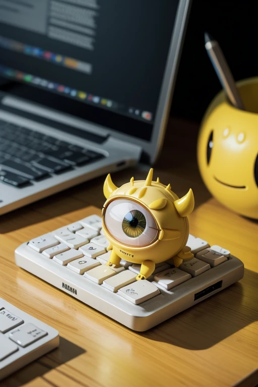 a cute little yellow monster over a table, cinematic look, computer on, keyboard and some pencils