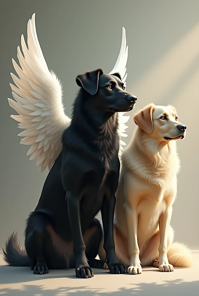 CREATE BLACK DOG WITH ANGEL WINGS SITTING NEXT TO BEIGE DOG 
