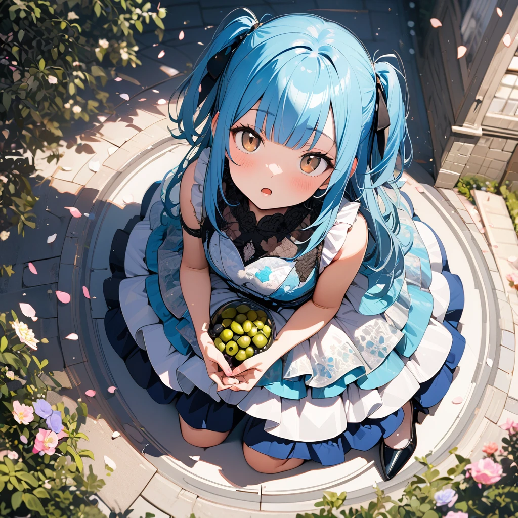 1 idol,solo,17yo,ultra-detailed face,detailed eyes,brown eyes,blunt bangs,blue hair,two side up,floral ball gown,wariza,Patent high heels,looking at viewer,sleepy,open mouth,head tilt,rim light,outdoors flower garden,(fragrant olive tree),(petals:1.3),1 Clock tower,From above,highly detailed illustration,masterpiece,8K,top quality