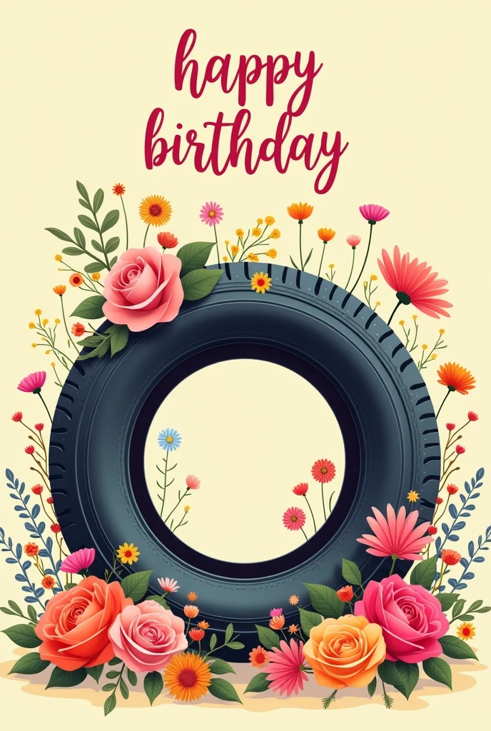Birthday card with a tire and flowers for girls.
Text happy birthday
