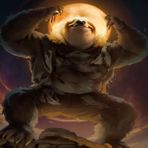 Please add full moon behind the giant sloth with silver collar and the big sloth is tearing yellow sweat parker with food  “Add a clear, silver full moon behind the large sloth, making it distinctly visible. The sloth is tearing through the yellow hoodie it was wearing, emphasizing its immense size and strength.”and the moon with “Add a clear, silver full moon behind the large sloth, making it distinctly visible. The surface of the moon should show craters. The sloth is tearing through the yellow hoodie it was wearing, emphasizing its immense size and strength.”