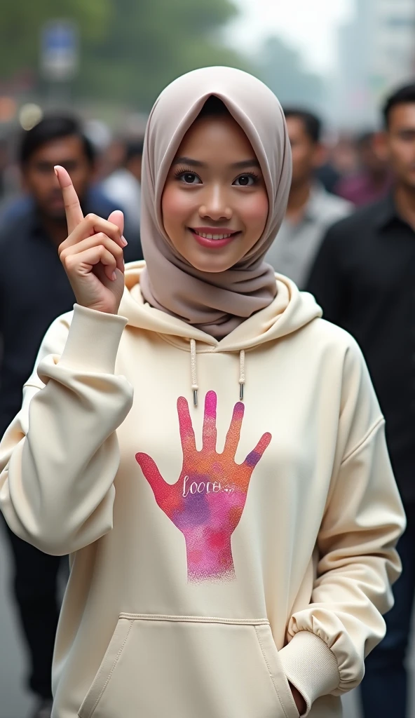 A hijaber indonesian pretty woman, wearing a cream hoodie with a strong vector design featuring a silhouetted image of a five-fingered palm in pastel colour with love and light. The phrase "ELENG LIMO WAKTU" is displayed in bold simple elegand, distressed typography with pastel colours, while holding her hoodie, wearing hijab, one-handed pose pointing upwards, in a public place, surrounded by many men, model, jav idol, with a frontal shooting angle, very realistic, (complex detail: 0.9), (hdr, hyperdetail: 1.2), RAW, Sony Alpha a9 II, 24-105mm f/4, HDR,