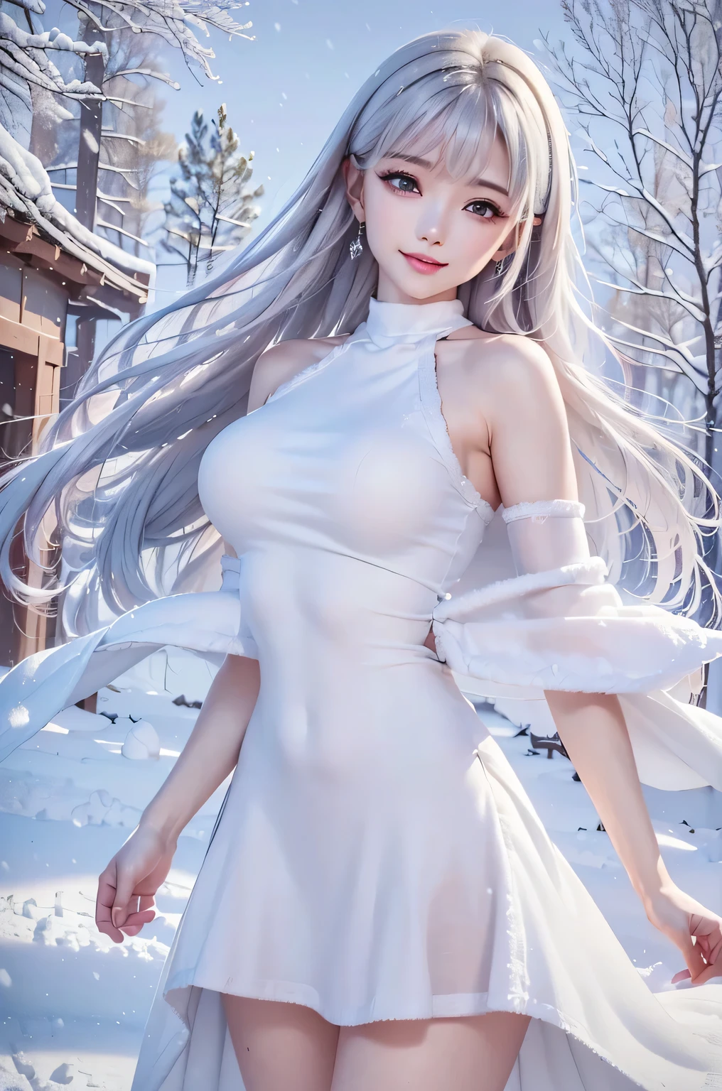 ((masterpiece:1.5、8k、Portraiture、Photorealistic and very detailed CG、Very detailed、Particle Effects、Dynamic Effects、Shallow depth of field、Cinematic Light、Lens flare、Ray Tracing、Tabletop、Realistic:1.4、Ultra-high resolution:1.2、Realistic、Realistic))((alone、Halter neck knit sweater、Elegant woman posing、Detailed face、brightexpression、young, bright, Whiter skin、Ample breasts、Best Looks、Ultimate beauty、Shiny silver hair with highlights、bright and shiny hair,、Super long, Silky straight hair、Hair dancing in the wind))(morning、The setting is outdoors in the snow、Surrounded by illuminations)
