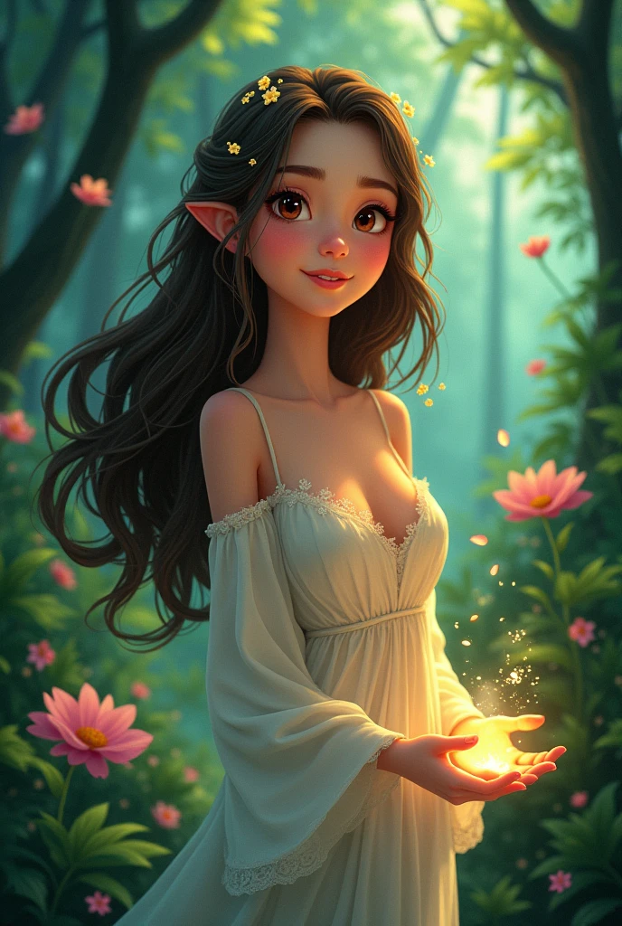 a spiritual nature witch with brown eyes and brown hair in the woods smiling animated studio gibling style