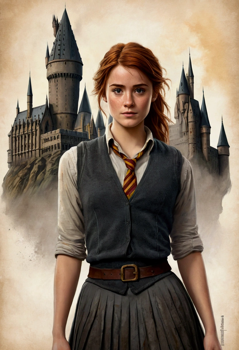 An illustrated movie poster, hand-drawn, full color, a female Hogwarts student, wearing a charcoal vest and a pleated skirt, tall, toned, amazonian stature, athletic hourglass figure, auburn hair, messy ponytail, flushed sun-kissed complexion, freckles, standing in front of Hogwarts Castle, surrounded by mist, graphite shading, stencil marks, airbrushed acrylic paint, masterpiece, in the Deathly Hallows