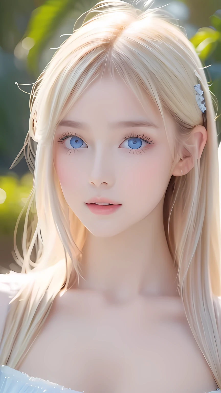 Beautiful white and shining skin、Blonde hair that changes color depending on the light、Bangs between eyes obstruct vision、Shiny highlights on the cheeks、Sexy, very beautiful, lovely, cute, gorgeous face、The most beautiful face in the world、super long and gorgeous blonde hair、Smooth straight hair、Large Breasts, Very large, Beautiful sparkling bright blue eyes、Beautiful Bangs、Beautiful cute.Small Face Beauty、Cheek Gloss Highlighter、Round face