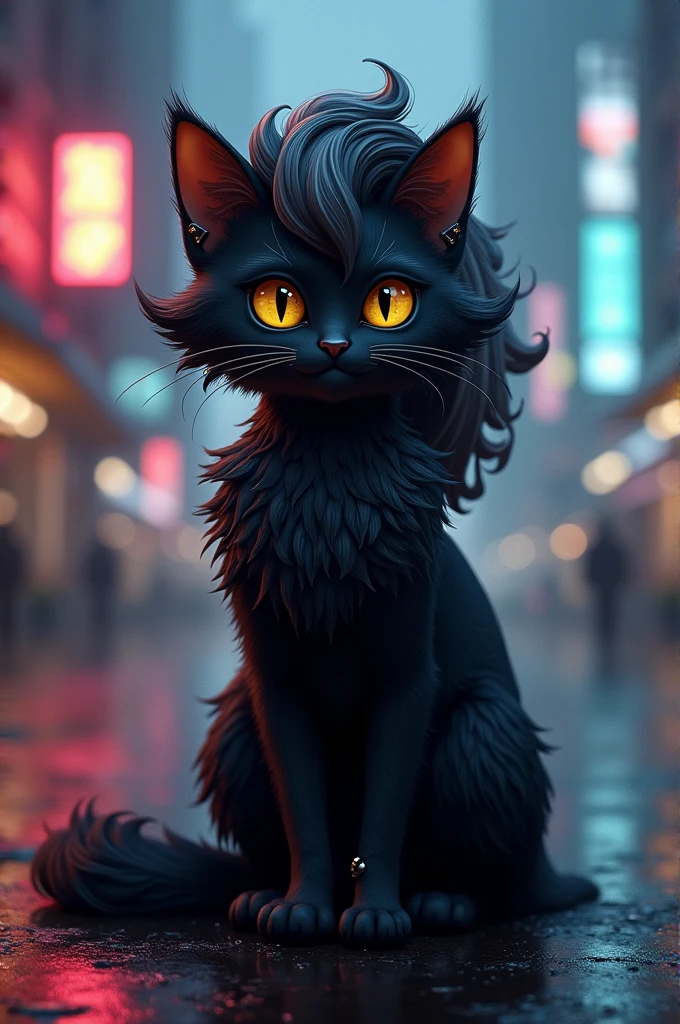 Create a black cat fursona with a wave mullet haircut and curly hair