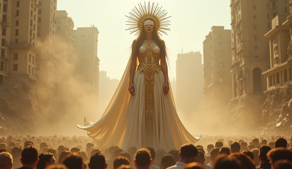 Low angle photo shot from below, In the foreground, Hundreds of humans surrounding her can be seen. A towering demigod stands in a post-apocalyptic cityscape, dominating the scene with its imposing gigantic presence. The demigod is a tall, stylized female figure with a blindfold covering her eyes, symbolizing perhaps justice or a higher power. The figure is adorned with a large, radiant golden halo made of sharp, metallic spikes that encircle her head, creating a divine yet intimidating aura. Her arms are at her sides, and she wears a long, flowing intricate detailed white and golden robe that cascades down her body. The background reveals a decayed, urban environment with collapsed buildings, hinting at a world in ruin. The lighting is soft, with a warm, golden hue that contrasts with the somber atmosphere, giving the image a surreal and almost religious quality. , emphasizing the colossal scale of the demigod, cinematic, hazy, sandy, dust, heat