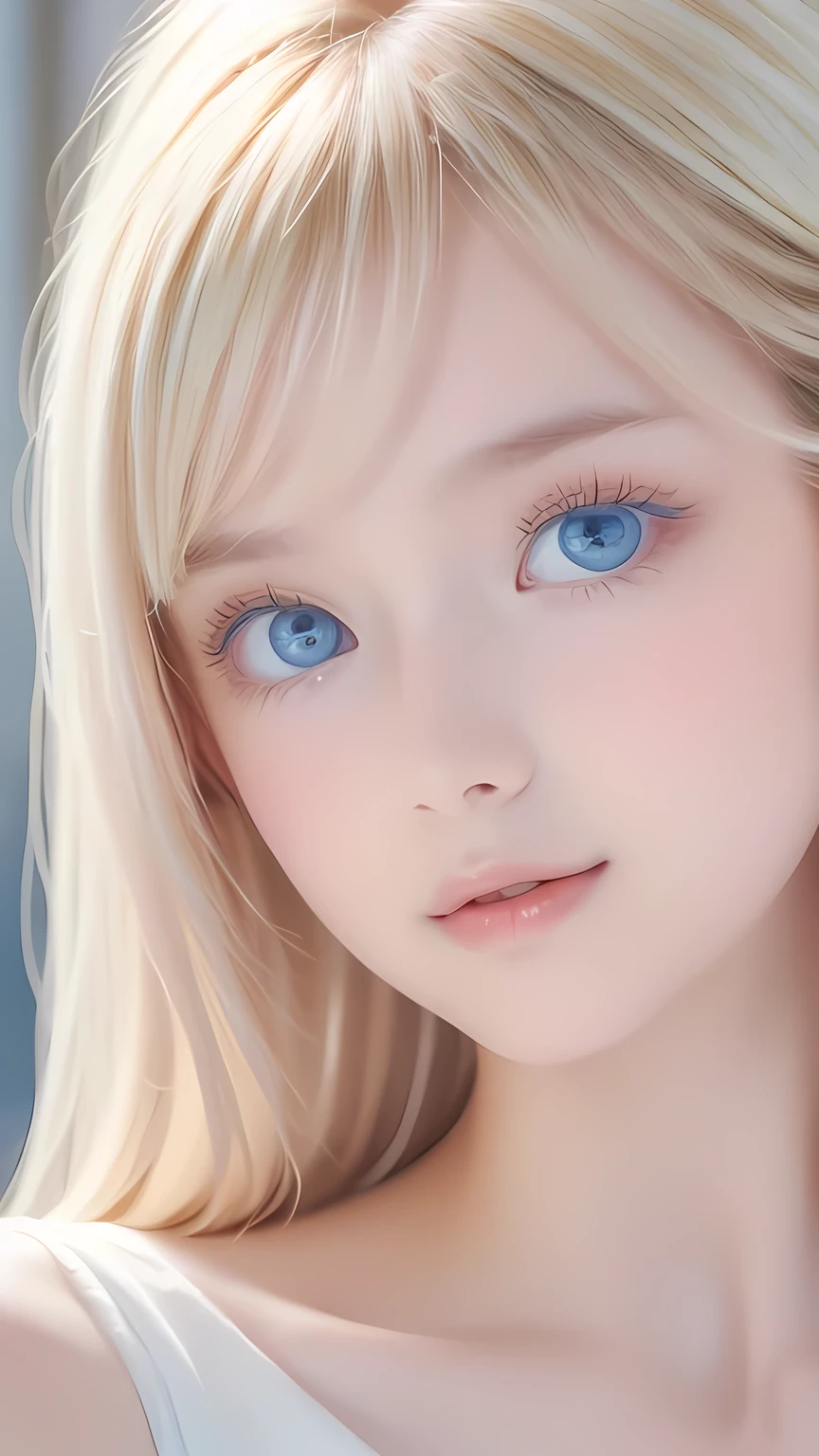 Beautiful white and shining skin、Blonde hair that changes color depending on the light、Bangs between eyes obstruct vision、Shiny highlights on the cheeks、Sexy, very beautiful, lovely, cute, gorgeous face、The most beautiful face in the world、super long and gorgeous blonde hair、Smooth straight hair、Large Breasts, Very large, Beautiful sparkling bright blue eyes、Beautiful Bangs、Beautiful cute.Small Face Beauty、Cheek Gloss Highlighter、Round face