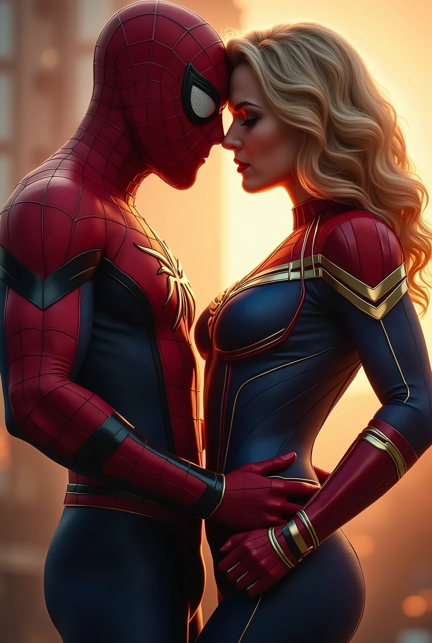 Spiderman is inserting his fingers in Captain Marvel’s vagina under her skirt, he is fingering her, she is in ecstasy, realistic, high detail