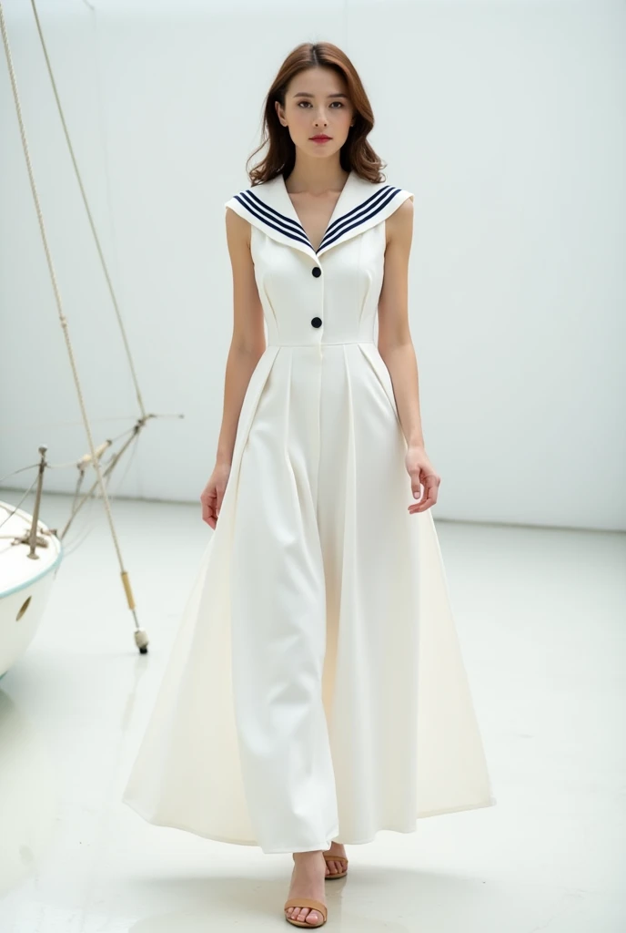 One with an all-white sailor dress with small navy blue stripes.