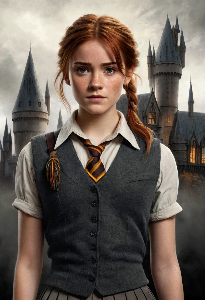 An illustrated movie poster, hand-drawn, full color, a female Hogwarts student, wearing a charcoal vest and a pleated skirt, tall, toned, amazonian stature, athletic hourglass figure, auburn hair, messy ponytail, flushed sun-kissed complexion, freckles, standing in front of Hogwarts Castle, surrounded by mist, graphite shading, stencil marks, airbrushed acrylic paint, masterpiece, in the Deathly Hallows