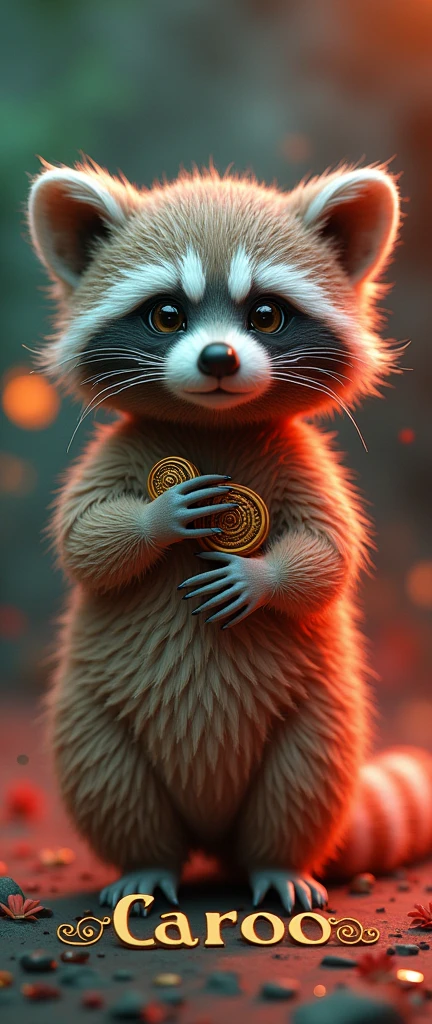 A mesmerizing 3D render of an adorable, extra fluffy baby raccoon, sculpted in intricate Baroque swirls reminiscent of 1500s artistry. The raccoon is set against a dreamy backdrop of delicate, glowing red and green smoke. The name "Caroo" is elegantly written in gold neon font, with silver marble surrounding it. The overall composition of the piece is conceptual art that explores the fusion of historical art styles with modern design and typography., typography, 3d render, photo, conceptual art