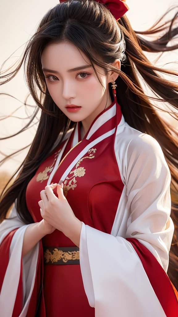 Prepare to be amazed by the super high quality and level of detail in this dramatic and visually descriptive rendering of a girl in a solo hanfu dress, adorned with red ribbon and jewelry, caught in a gust of wind.