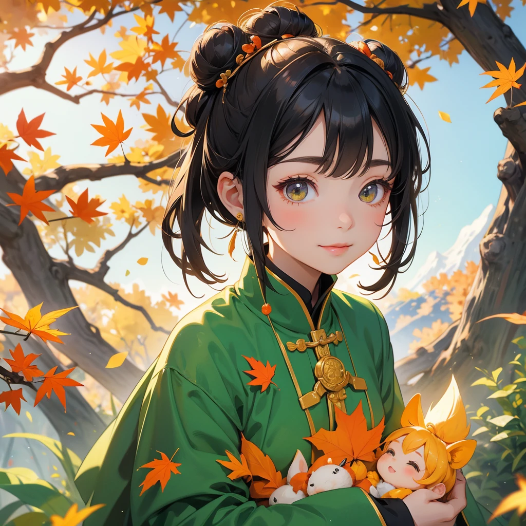 A chibi girl had a small face and Wearing green little Taoist priest's outfit. A pair of big round eyes shone with curiosity about him. her hair is black with two buns on her hair.smiling.
The little chibi baby looked up with his chest raised, and his face was old and proud.
The backdrop is a mountain that turns orange-red in spring, and maple leaves fall from the trees.