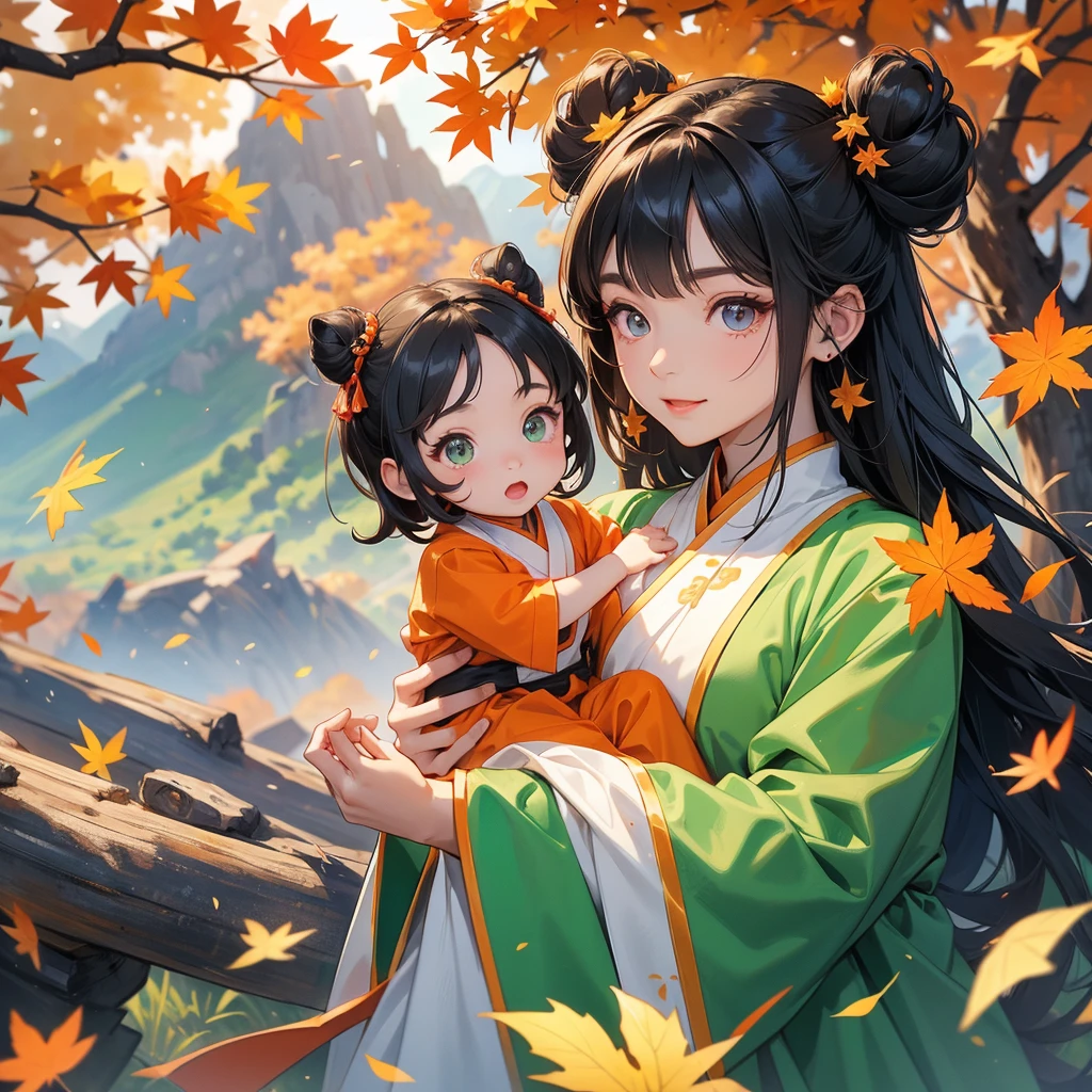 A chibi girl had a small face and Wearing green little Taoist priest's outfit. A pair of big round eyes shone with curiosity about him. her hair is black with two buns on her hair.smiling.
The little chibi baby looked up with his chest raised, and his face was old and proud.
The backdrop is a mountain that turns orange-red in spring, and maple leaves fall from the trees.
