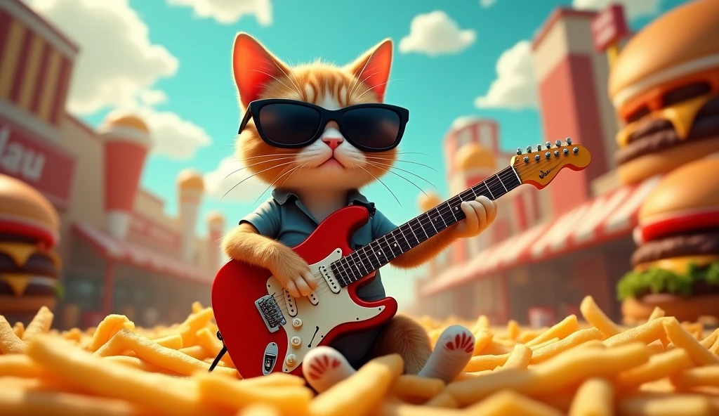 A cat wearing black sunglasses singing and playing guitar on a bed of french fries in a burger world