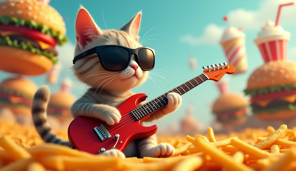 A cat wearing black sunglasses singing and playing guitar on a bed of french fries in a burger world