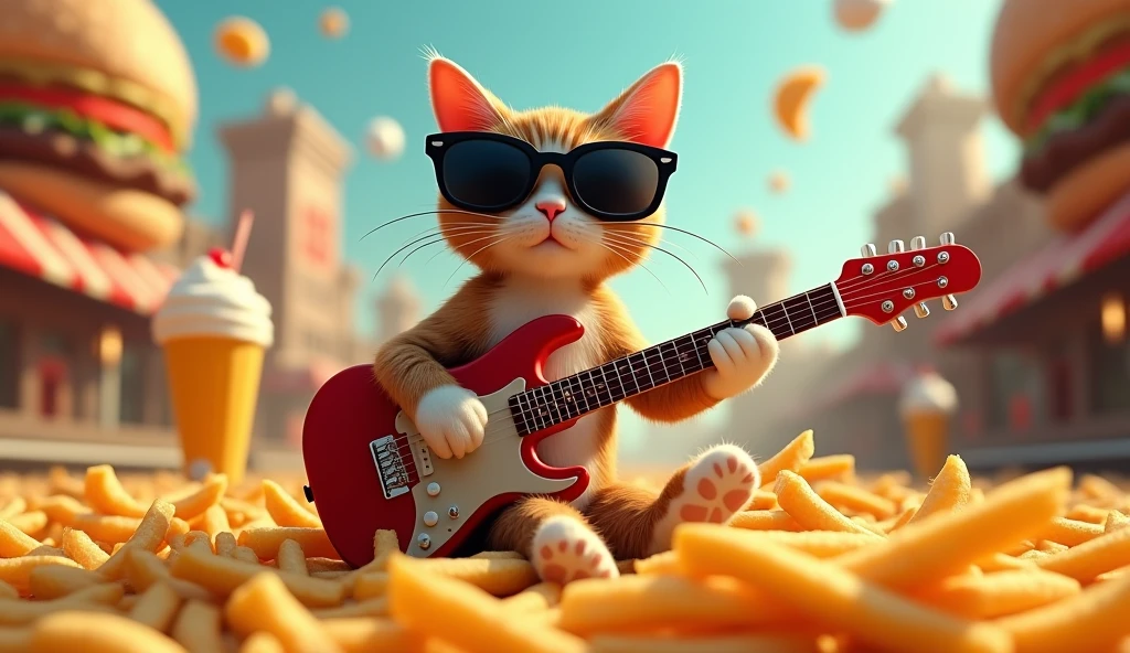 A cat wearing black sunglasses singing and playing guitar on a bed of french fries in a burger world