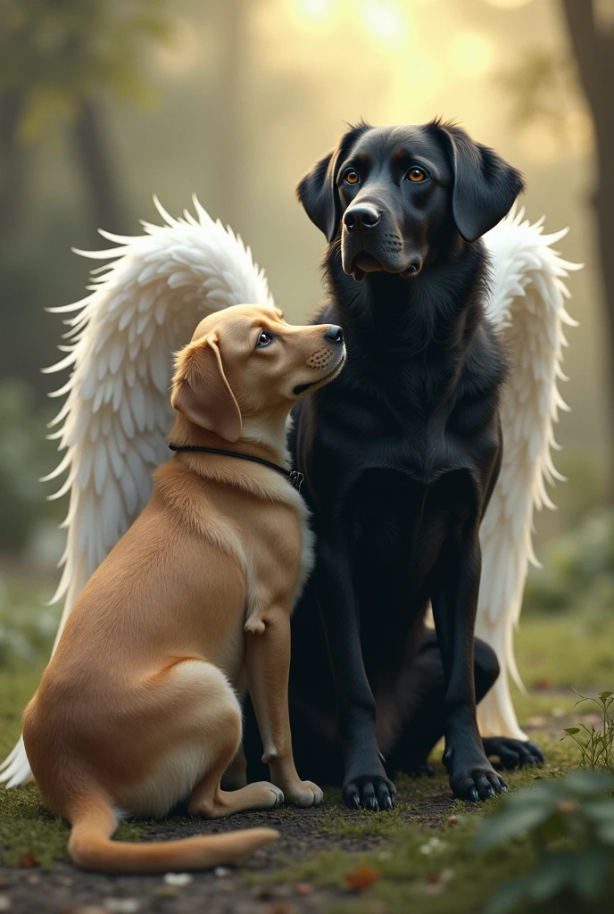 CREATE BLACK DOG WITH ANGEL WINGS SITTING WITH BACK NEXT TO BEIGE DOG