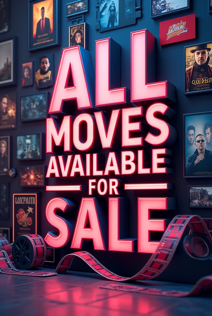 Make a 3d text poster of (ALL MOVIES AVAILABLE for sale) template is