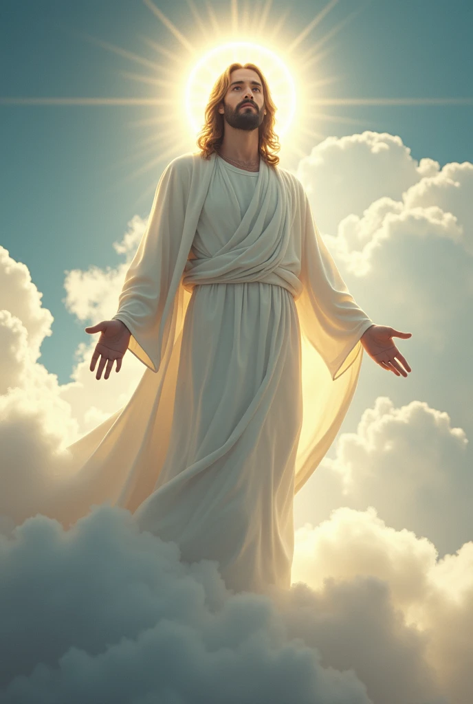 Jesus standing on a cloud with a halo around him, eyes looking straight ahead, god concept art, inspired by Christophe Vacher, wlop and rhads, Greg Olsen, Jon McNaughton, by Christophe Vacher, art idea art | rhads, Marc Adams, Peter Mohrbacher Donato Giancola, the omnipotent, divine and ethereal young god