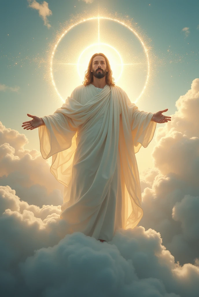 Jesus standing on a cloud with a halo around him, eyes looking straight ahead, god concept art, inspired by Christophe Vacher, wlop and rhads, Greg Olsen, Jon McNaughton, by Christophe Vacher, art idea art | rhads, Marc Adams, Peter Mohrbacher Donato Giancola, the omnipotent, divine and ethereal young god