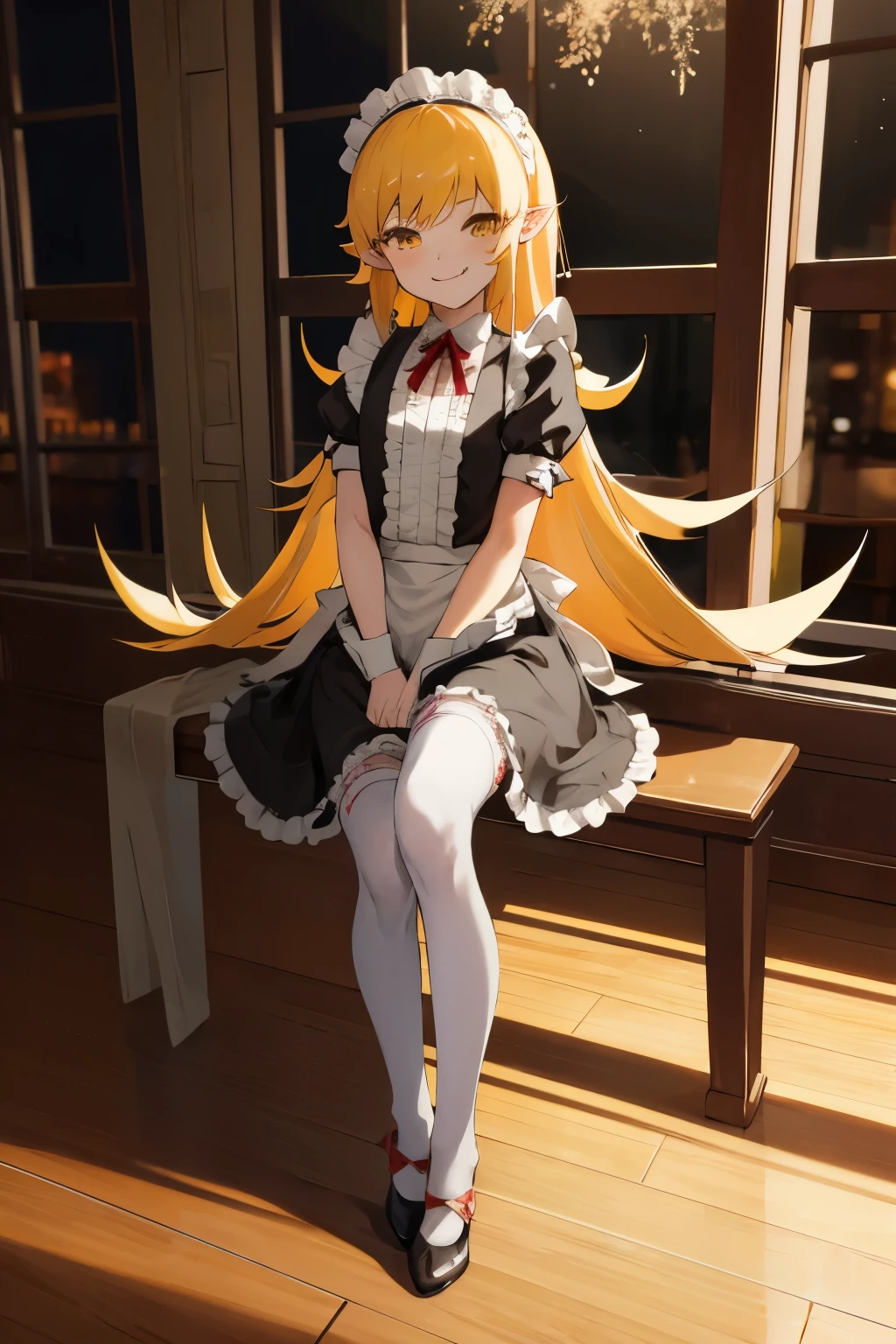 masterpiece, best quality, highres, aashinobu, aged down, long hair, pointy ears, maid headdress, mini-skirt maid, standing, lace stockings, black pumps, sitting, full body, smile, fang, indoors, restaurant