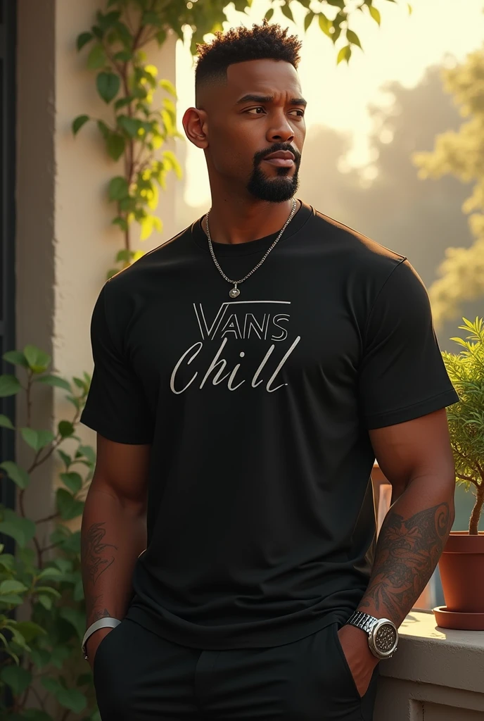 (photorealism:1.2), handsome gentlemen, brown skin, sitting on balcony, wearing black t shirt with a writing says Vans Chill Muno, vans long black pants, low fade, will Smith hair style, neat hair style, shaved beard style, police men
beard style, only front mustache will Smith and chris Brown beard fade. Smooth pose, outdoors, soft lighting, plants in background, with view of sunlight, ccozy day, relaxed pose, realistic, intricate details, warm colors, by Greg Rutkowski, by Alphonse Mucha