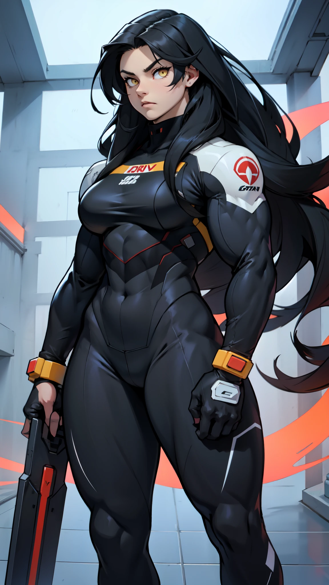 very long hair huge muscles huge thighs yellow eyes black hair pale girl bodysuit pilot skintight sad frown huge breasts