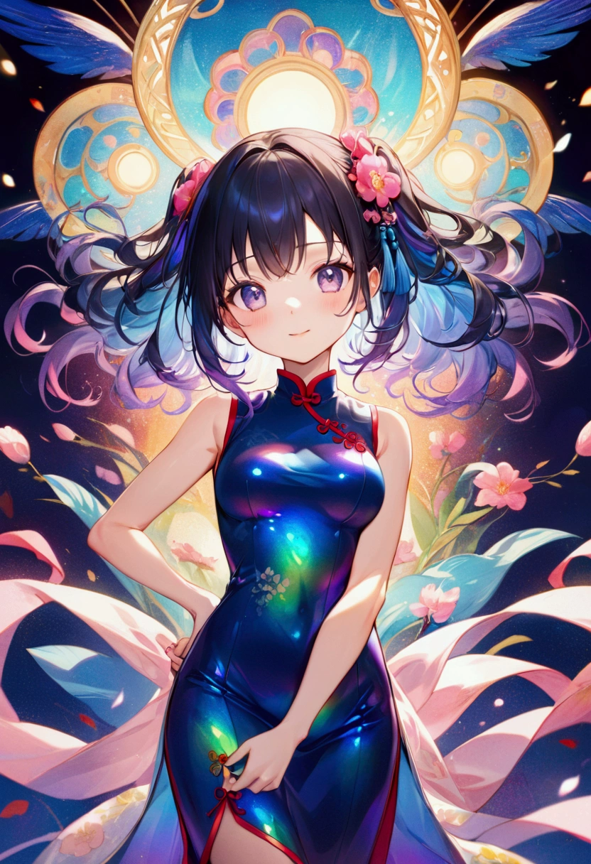 Anime girl with long straight dark iridescent hair,athletic body,cheongsam,8k, best quality