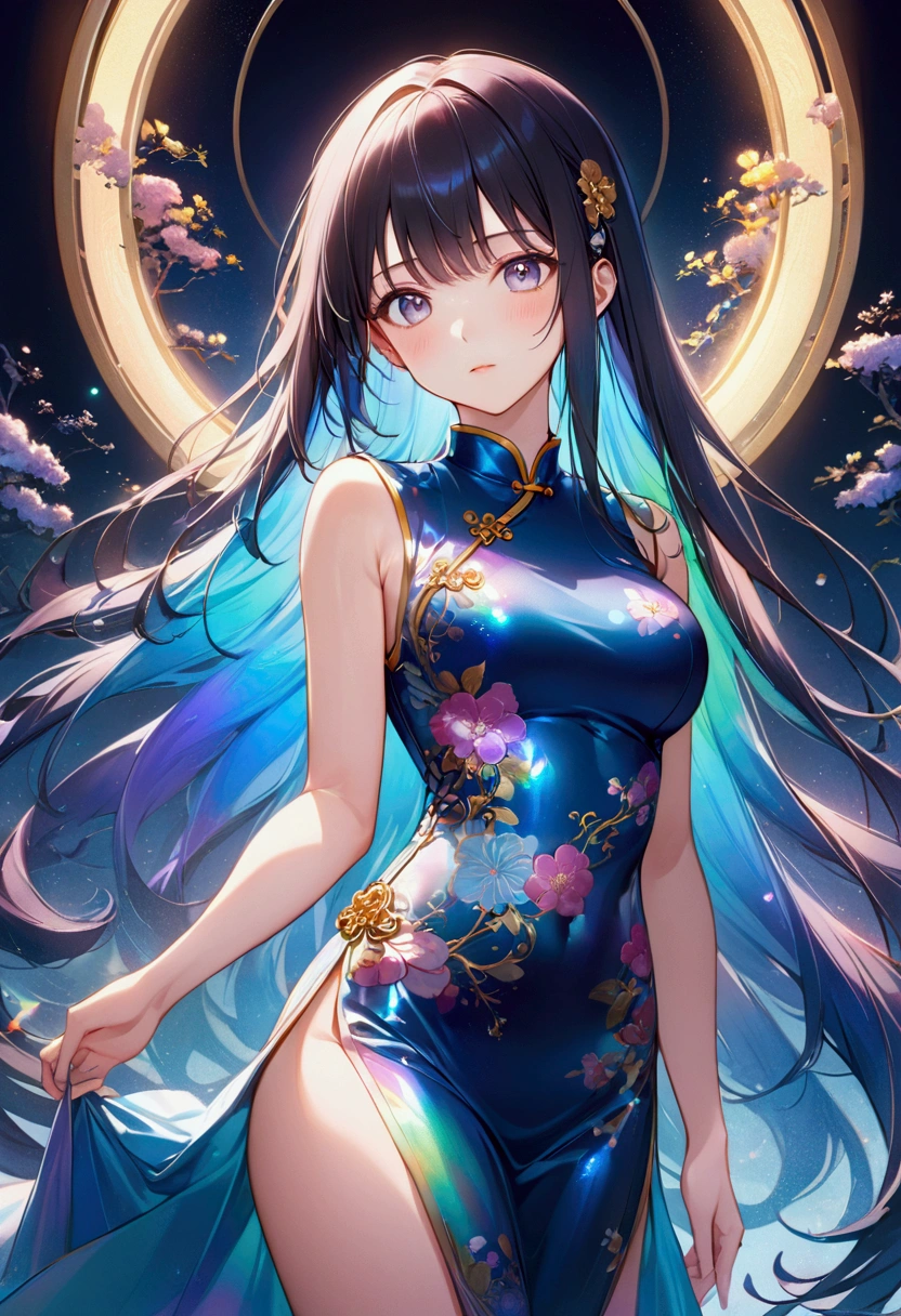 Anime girl with long straight dark iridescent hair,athletic body,cheongsam,8k, best quality