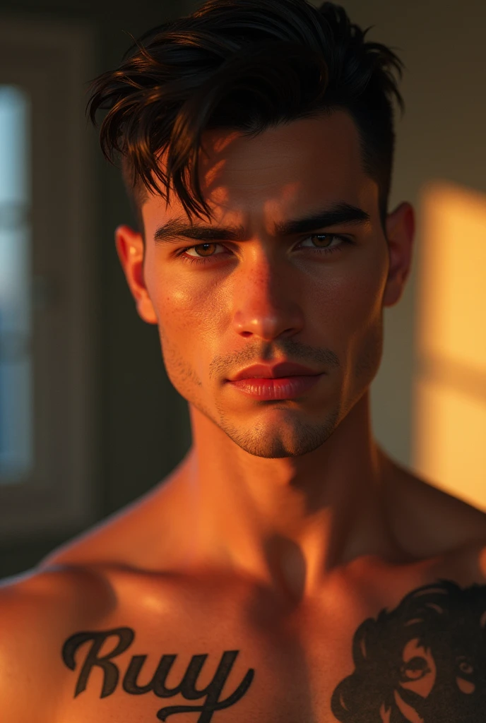 a young man AI high quality muscular tattoo with name “ruy” tanned skin piercing gaze pink mouth with sun on face with realistic animated bedroom background