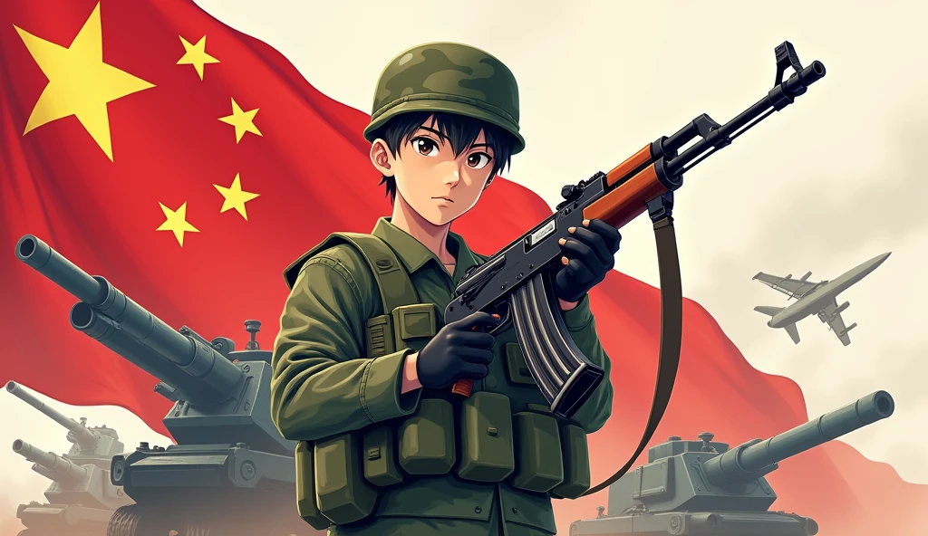 (The background is transparent)(There is a complete,The map is red,On the left is the five-star red flag) (A Chinese man in camouflage uniform holding an AK47 submachine gun,Anime Character)(The whole picture has a sentence"If there is a war,Must return when summoned!",The font must be strong and powerful)(The whole picture looks very loving.)(The whole picture has high-tech content,There are planes and cannons all behind. It's very exaggerated.)