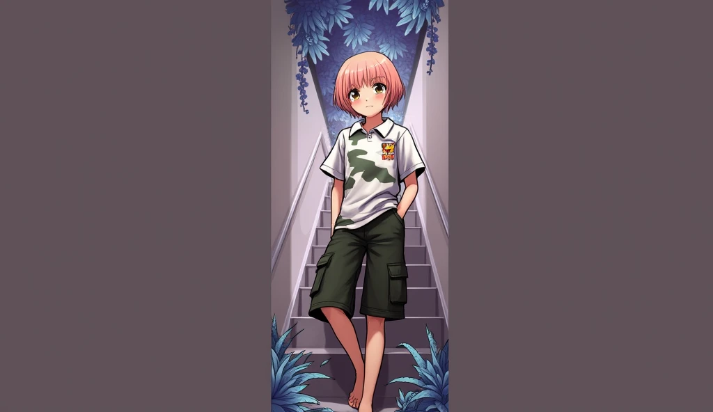 The image is a digital illustration of an anime-style character wearing a Rambo colour shirt and shorts, standing on a staircase with blue flowers in the background.