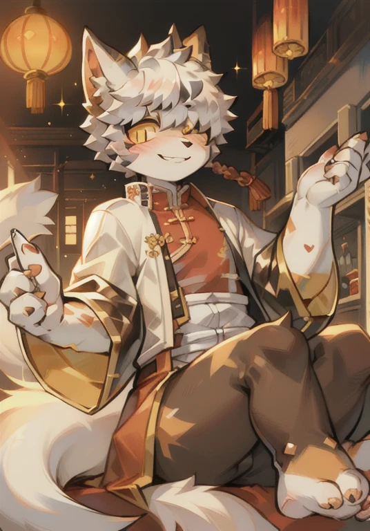 Cat Boy,Q version,cute,Hairy all over,Big furry tail,Orange white fur,Silver hair,Sparkling golden eyes,Hanfu,Chinese-style palace,blush,Smile,